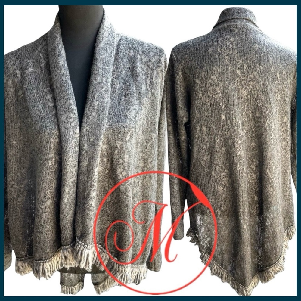 M Made in Italy Grey Rose Fringe Hem Waterfall Open Front Cardigan (L)